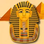Hình ảnh tượng đầu pharaoh Ai Cập với họa tiết sọc vàng đen, phía sau là kim tự tháp trên nền màu vàng nhạt