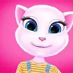 Một chú mèo hoạt hình màu trắng với đôi mắt to màu xanh và mặc áo kẻ sọc vàng, nền màu hồng
