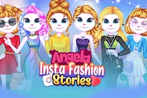 Hình ảnh sáu nhân vật hoạt hình thời trang đứng cạnh nhau với dòng chữ Angela Insta Fashion Stories