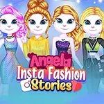 Hình ảnh sáu nhân vật hoạt hình thời trang đứng cạnh nhau với dòng chữ Angela Insta Fashion Stories