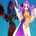 Hai nhân vật hoạt hình nữ với cánh đối lập, một cánh đen và một cánh trắng, cùng áo giáp và phụ kiện nhiều màu sắc