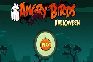 Hình ảnh có chữ Halloween với đồ họa ma quái cùng nút Play có hình một quả bí ngô trên nền cảnh cây cối bóng tối