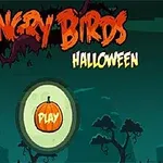 Hình ảnh có chữ Halloween với đồ họa ma quái cùng nút Play có hình một quả bí ngô trên nền cảnh cây cối bóng tối