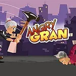 Một bà cụ cầm búa đuổi đánh một người đàn ông trên nền trời thành phố lúc hoàng hôn