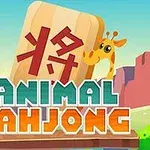 Hình ảnh có một tấm bảng gỗ có ký tự đỏ, với một chú hươu cao cổ ló đầu ra, tên tiêu đề Animal Mahjong