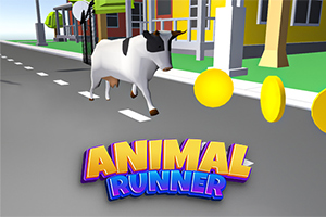 Một con bò đang chạy trên đường phố với những đồng xu vàng xung quanh và dòng chữ ANIMAL RUNNER nổi bật phía dưới
