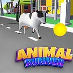 Một con bò đang chạy trên đường phố với những đồng xu vàng xung quanh và dòng chữ ANIMAL RUNNER nổi bật phía dưới