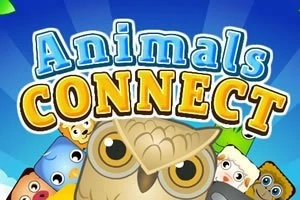 Chữ Animals Connect nổi bật trên nền xanh dương, xung quanh là các con vật hoạt hình dễ thương