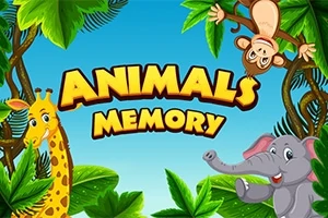 Hình ảnh một con khỉ, hươu cao cổ và voi ở giữa những tán lá xanh, với dòng chữ Animals Memory