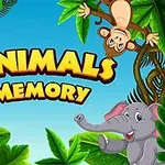 Hình ảnh một con khỉ, hươu cao cổ và voi ở giữa những tán lá xanh, với dòng chữ Animals Memory