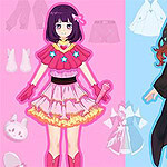 Hai nhân vật hoạt hình với trang phục và phụ kiện khác nhau trên nền màu sắc, một bên màu hồng và một bên màu xanh