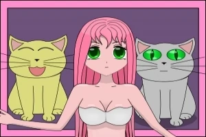 Nhân vật anime nữ với tóc hồng và mắt xanh đứng trước bức tường tím cùng hai con mèo hoạt hình, một mèo vàng mỉm cười và một mèo xám mặt nghiêm túc