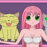 Nhân vật anime nữ với tóc hồng và mắt xanh đứng trước bức tường tím cùng hai con mèo hoạt hình, một mèo vàng mỉm cười và một mèo xám mặt nghiêm túc