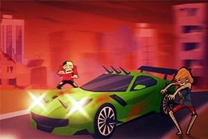 Xe thể thao màu xanh lá cây đang bật đèn pha, với hai zombie đứng cạnh trên phông nền thành phố màu đỏ cam