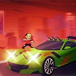 Xe thể thao màu xanh lá cây đang bật đèn pha, với hai zombie đứng cạnh trên phông nền thành phố màu đỏ cam
