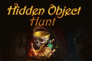 Đầu lâu đội vương miện, các lọ độc dược và cuộn giấy với chữ Hidden Object Hunt phía trên