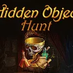 Đầu lâu đội vương miện, các lọ độc dược và cuộn giấy với chữ Hidden Object Hunt phía trên