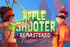 Người với cung tên nhắm vào một người khác đội quả táo trên đầu, tựa chữ Apple Shooter Remastered ở giữa