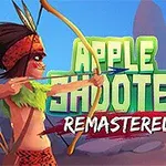 Người với cung tên nhắm vào một người khác đội quả táo trên đầu, tựa chữ Apple Shooter Remastered ở giữa