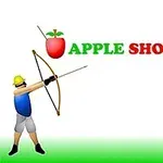 Một người đang bắn cung về phía một người khác với quả táo trên đầu, chữ APPLE SHOOTER nằm ở giữa