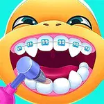 Một nhân vật hoạt hình màu vàng với đôi mắt to đang mở miệng rộng, để lộ mắc cài răng sứ và có một công cụ nha khoa màu hồng đang chăm sóc răng