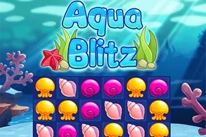 Giao diện dưới nước với chữ Aqua Blitz và lưới gồm các biểu tượng sao biển, sứa, và vỏ sò màu sắc