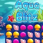 Giao diện dưới nước với chữ Aqua Blitz và lưới gồm các biểu tượng sao biển, sứa, và vỏ sò màu sắc