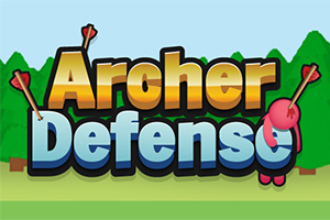 Dòng chữ Archer Defense với các mũi tên xuyên qua trên nền cây xanh và một nhân vật hoạt hình màu đỏ nhỏ bên cạnh