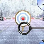 Cảnh tượng một bia bắn cung với vòng tròn đồng tâm màu xanh và đỏ tại một sân bắn phủ tuyết, kèm theo cây cung màu xanh và khoảng cách 30m được hiển thị