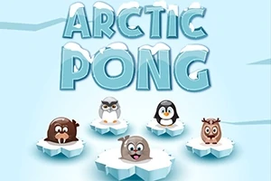 Chữ ARCTIC PONG lớn ở trên, bên dưới là các con vật hoạt hình như chim cánh cụt, cú, và hải cẩu đứng trên tảng băng