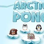 Chữ ARCTIC PONG lớn ở trên, bên dưới là các con vật hoạt hình như chim cánh cụt, cú, và hải cẩu đứng trên tảng băng