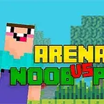 Hai nhân vật phong cách pixel đứng trong khung cảnh thiên nhiên với chữ ARENA: NOOB VS PRO nổi bật ở giữa