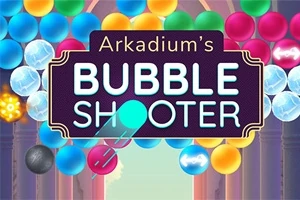 Các quả bóng nhiều màu sắc và logo của Arkadiums Bubble Shooter