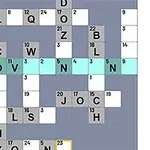 Các ô chữ trắng và xám xen kẽ với chữ cái được điền vào, cùng với danh sách chữ cái màu xanh và xám ở bên phải