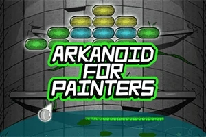 Văn bản Arkanoid for Painters với các khối hình chữ nhật nhiều màu phía trên nền vòm xám