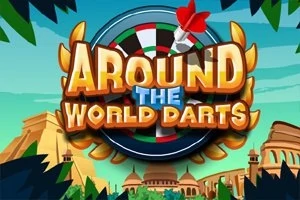 Tiêu đề Around the World Darts trên nền hình ảnh phi tiêu, cùng các công trình kiến trúc và cây cối