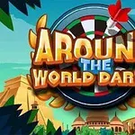 Tiêu đề Around the World Darts trên nền hình ảnh phi tiêu, cùng các công trình kiến trúc và cây cối