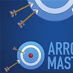 Hình ảnh gồm vòng tròn màu xanh làm bia bắn tên với các mũi tên găm quanh, cùng dòng chữ Arrow Master