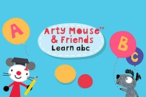 Chuột Arty và một chú chó cầm những quả bóng bay chữ cái, bên cạnh dòng chữ Arty Mouse & Friends Learn abc trên nền màu xanh