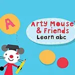 Chuột Arty và một chú chó cầm những quả bóng bay chữ cái, bên cạnh dòng chữ Arty Mouse & Friends Learn abc trên nền màu xanh