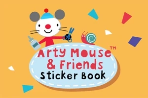 Chuột Arty cầm kéo và lọ keo đứng bên cạnh một con ốc sên, với chữ Arty Mouse & Friends Sticker Book trên nền màu cam và các hình dạng đầy màu sắc xung quanh