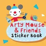 Chuột Arty cầm kéo và lọ keo đứng bên cạnh một con ốc sên, với chữ Arty Mouse & Friends Sticker Book trên nền màu cam và các hình dạng đầy màu sắc xung quanh