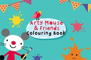 Chuột hoạt hình cầm cọ vẽ, chim nhỏ màu đỏ và tiêu đề Arty Mouse & Friends Colouring Book trên nền xanh, xung quanh là các giọt màu sắc và cờ trang trí
