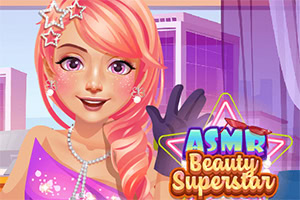 Cô gái với tóc hồng và trang điểm lấp lánh đứng trước cửa sổ, với chữ ASMR Beauty Superstar bên phải