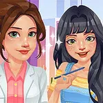 Hai nhân vật hoạt hình nữ đứng cạnh nhau với phông nền thành phố, một người mặc áo blouse trắng và người kia cầm bút chì màu xanh