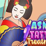 Một người phụ nữ với kiểu tóc và trang phục truyền thống, cầm quạt, bên cạnh là chữ ASMR Tattoo Treatment nhiều màu sắc