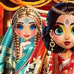 Hai búp bê phong cách truyện tranh với trang phục truyền thống màu đỏ và xanh, trang sức lấp lánh, đứng trước nền trang trí lễ hội