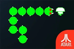 Rắn màu xanh đang hướng về phía một vật thể giống cây nấm, góc dưới có logo Atari màu đỏ