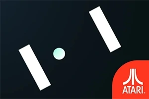 Hình ảnh gồm hai thanh trắng và một quả bóng trên nền đen, với logo Atari ở góc phải dưới
