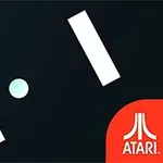 Hình ảnh gồm hai thanh trắng và một quả bóng trên nền đen, với logo Atari ở góc phải dưới
